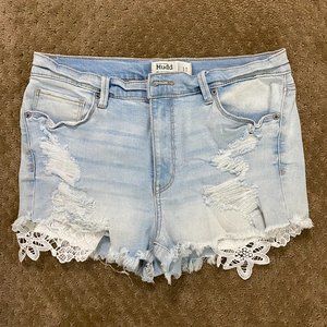 Distressed Lace Pocket Jean Shorts